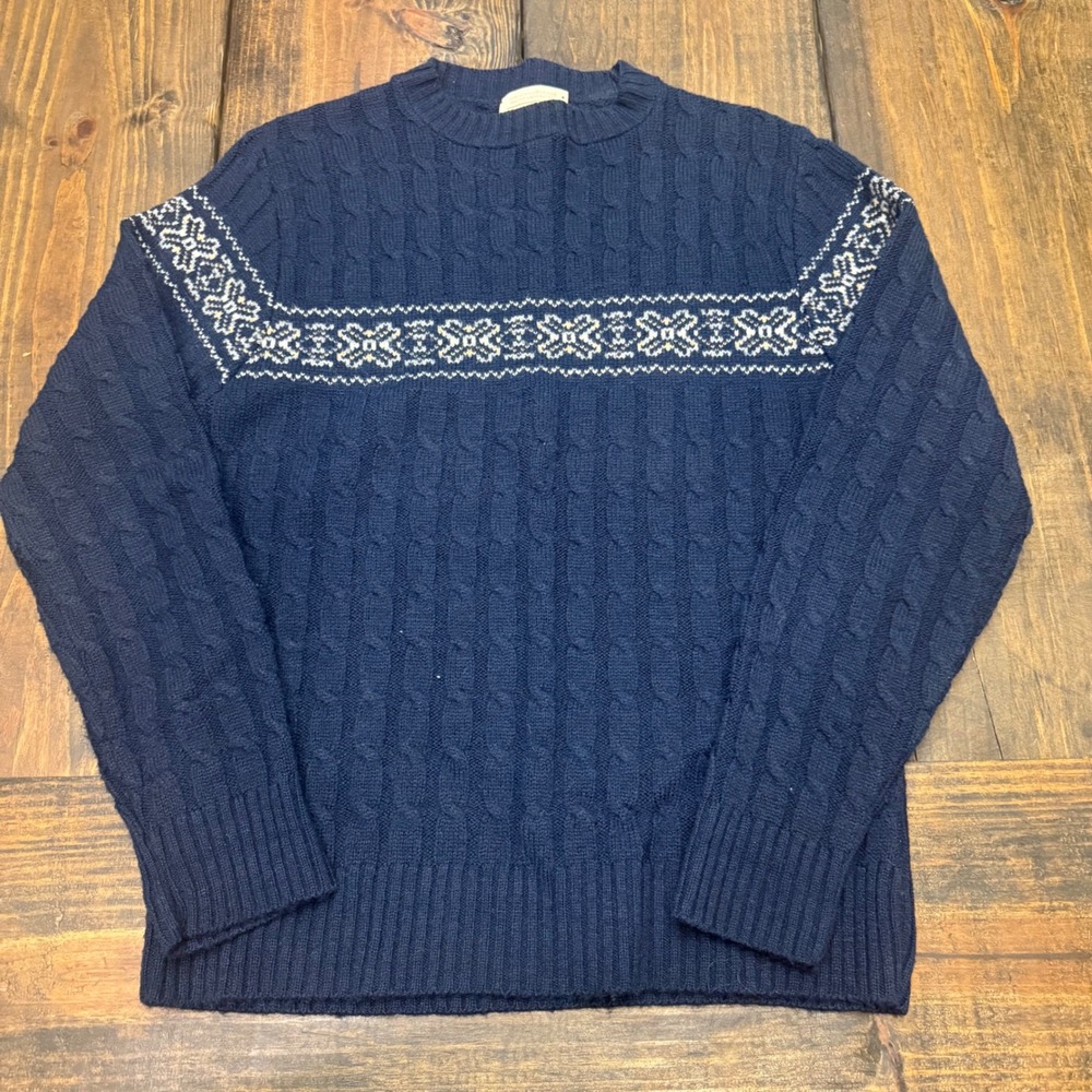 Vintage Lord Jeff Navy Blue Fair Isle Cable Knit Sweater Women Small Made in USA